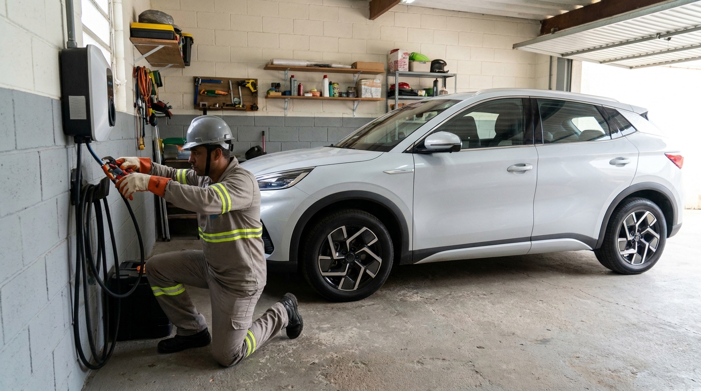 Eletricista instalando carregador de carro eletrico em Natal‑RN